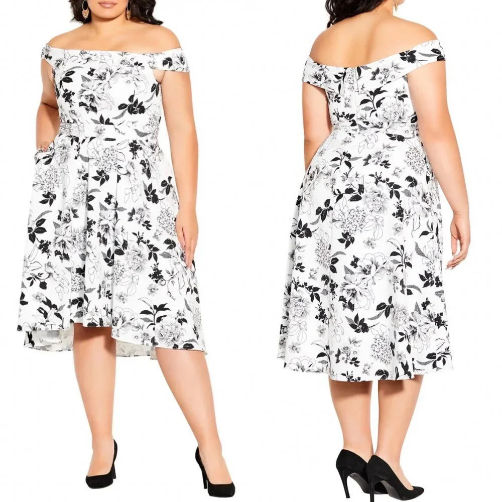 City Chic Flourish Off the Shoulder Dress Ivory Mod Floral Plus Size 14‎